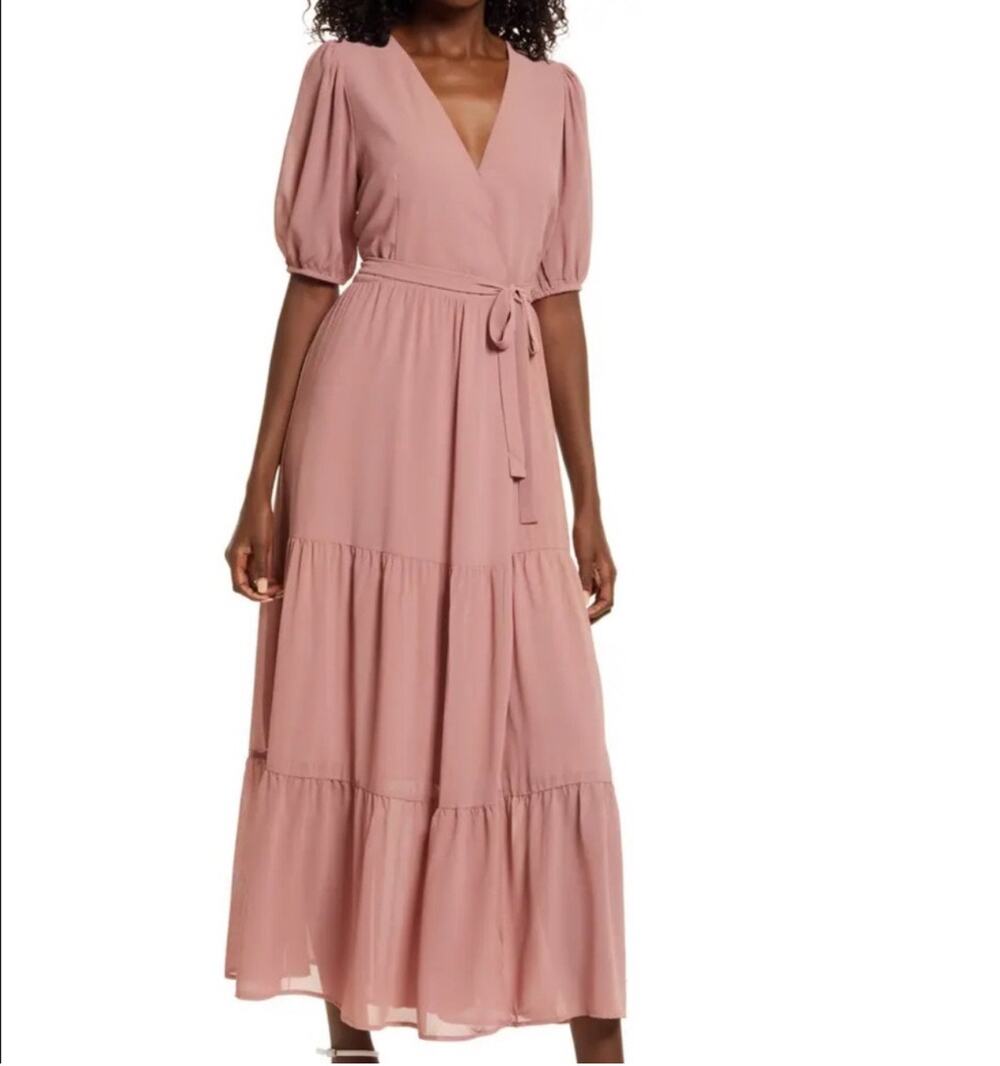 Charles Henry Short Sleeve Tiered Wrap Maxi Dress Size L Large NEW Coral